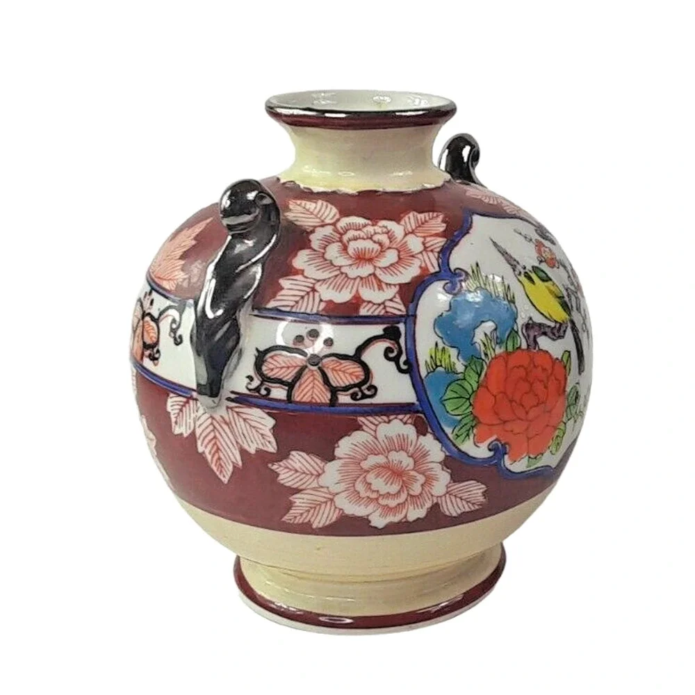 Vintage Japanese‎ Chikusa Vase Multicolor Floral Bird Hand Painted 6.5